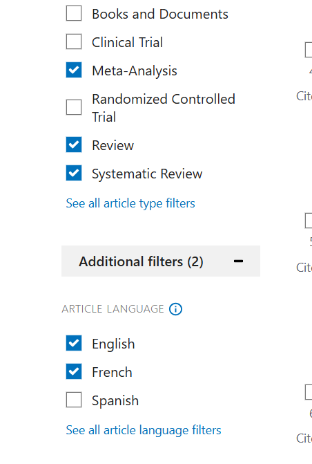 Filtres PubMed pour sélectionner les reviews et les méta-analyses