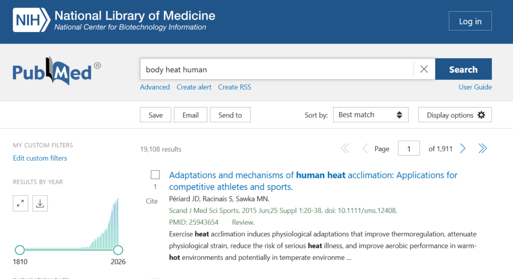 Capture d'écran: Recherche PubMed sur les effets de la chaleur sur le corps humain